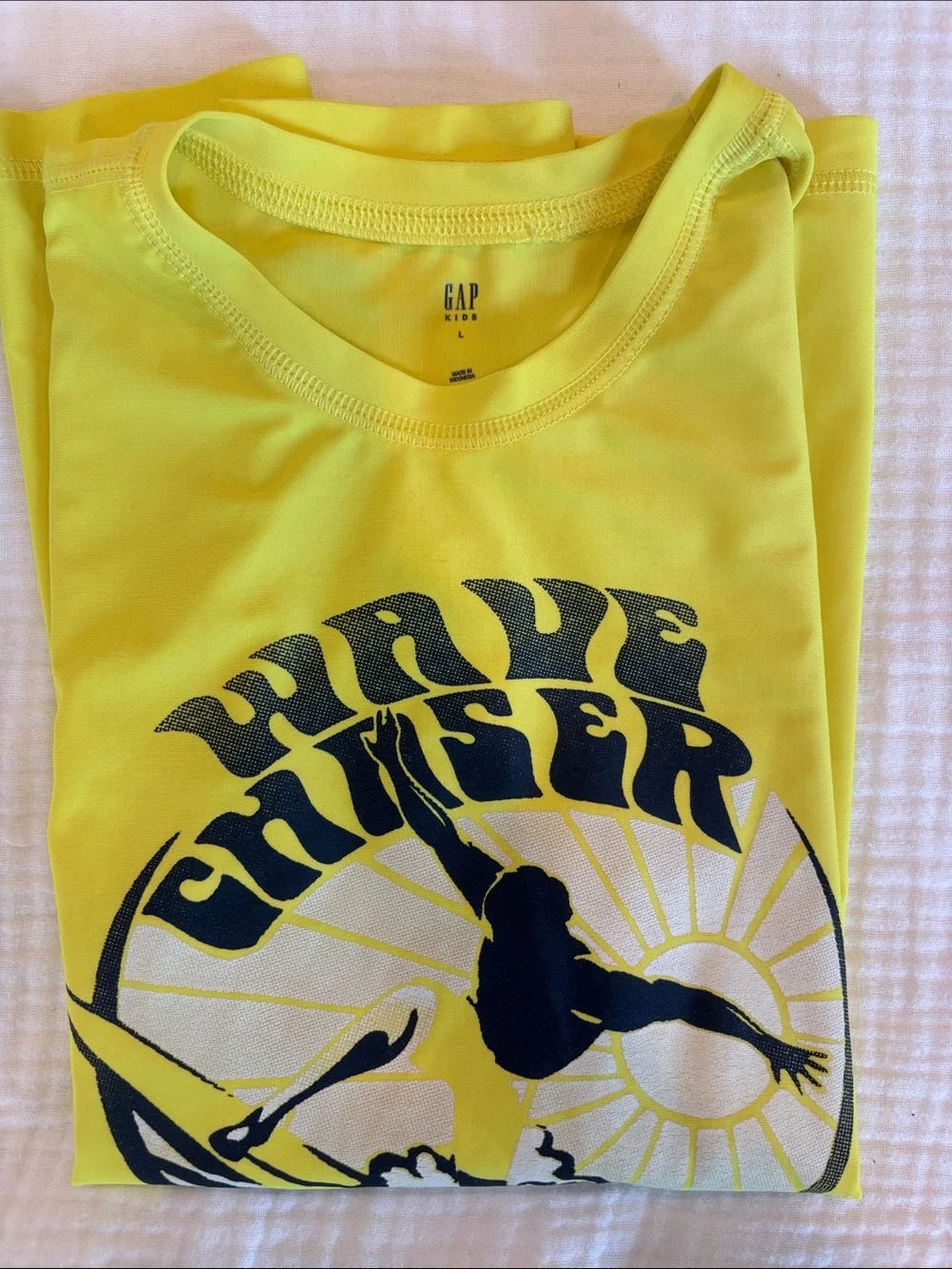 GAP Neon Yellow Rash Guard with Navy & White Wave Swim Trunks